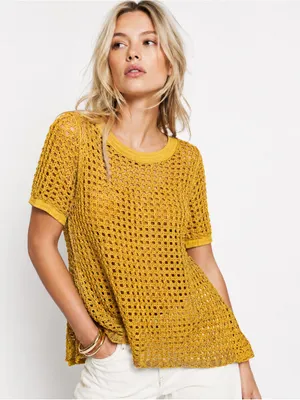 Anthropologie Angel of the North Metallic Crochet Knit Boho Sweater Top Yellow M thumbnail 1