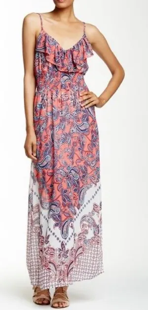 Pink and white paisley print boho smocked ruffle maxi dress size XL thumbnail 1