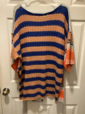 Free People Open-Knit Stripe Sweater in Coral, Navy & Light Gray thumbnail 4