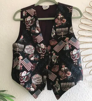Vintage festive comical tapestry sleeveless button up down blazer vest waistcoat. thumbnail 1