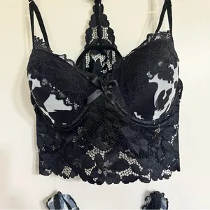 Women's Lingerie Set Black & White Patterned‎ Lace Top Sheer Bottoms Size Large thumbnail 2