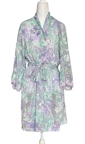 Vtg LA Intimates Robe Large Purple Green Floral Sheer Kimono Cottagecore 80s 90s thumbnail 1