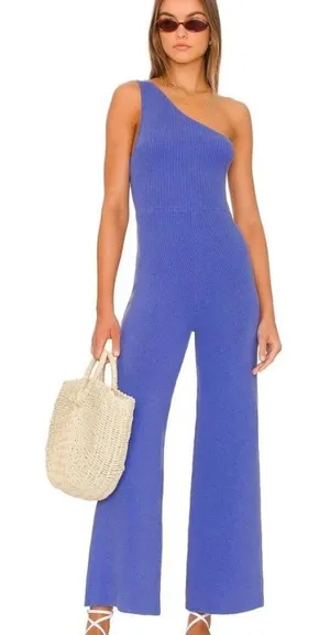 Free People Beach Waverly Ribbed One Shoulder Sweater Wide Leg Jumpsuit‎ Sz L thumbnail 1