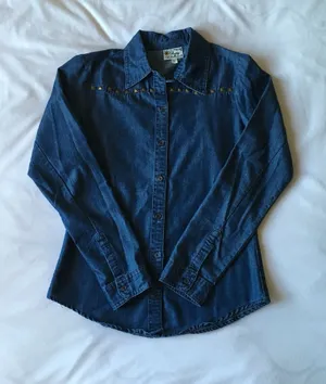 Dark Blue Chambray Button Down Shirt With Studs Size XS thumbnail 1