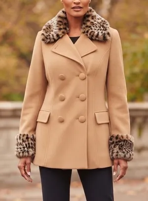 INC International Concepts Camel Wool Blend Leopard Faux‎ Fur Trim Pea Coat 2X thumbnail 1