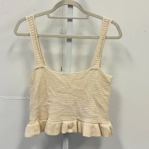Mango MNG Cream Knit Tie Front Ruffle Hem Crop Top XL 100% Cotton Cottagecore thumbnail 2
