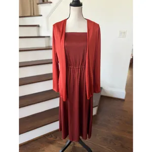 Vintage 70s Rust Orange Red Square Neck Midi Dress & Cardigan Set Boho thumbnail 3