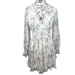 Bitter Sweet Ivory Floral Mini Dress M Surplice Ruffle Long Sleeve Boho Romantic thumbnail 2