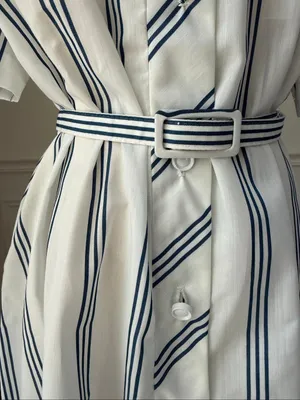 Vintage 70s British Lady House Dress White Blue Stripe 22 2X 3X thumbnail 5