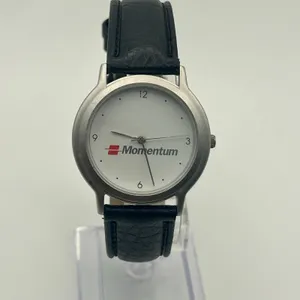 Momentum White Dial Black Leather Minimalist Watch Working New Battery thumbnail 2