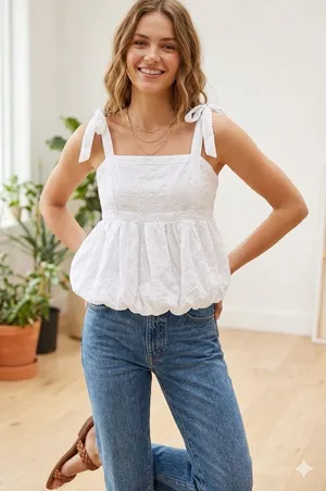 Old Navy Tie-Shoulder White Cotton Eyelet Peplum Top size M NWT thumbnail 1