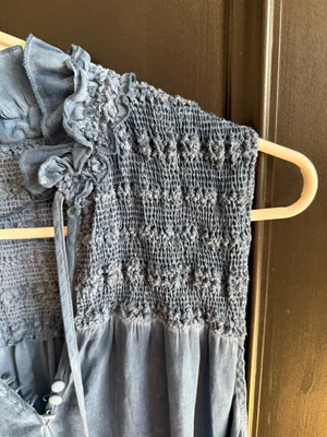 Free People Washed Denim Blue Smocked Ruffle Tie-Front Camisole thumbnail 5