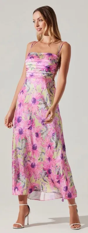 ASTR Antlia Pink Floral Spaghetti Strap Midi Dress Medium Wedding Guest Formal thumbnail 1