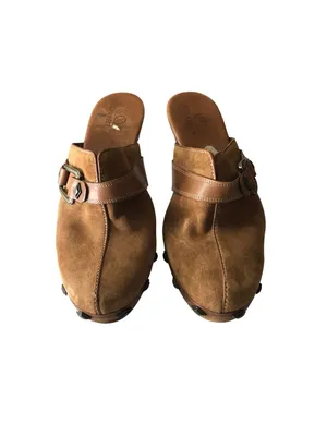Cole Haan Studded Brown Suede Mules Buckle Wooden Block Heel 7.5 thumbnail 2