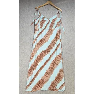 Moon‎ River Brown White Brushstroke Linen Blend Midi Dress Tie Strap Cutout Med thumbnail 3