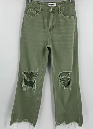BAYEAS Wide Leg Jeans Green Denim High‎ Rise Raw Hem Distressed Women’s Size 24 thumbnail 1