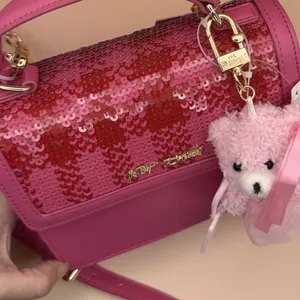 Betsey Johnson Pink Red‎ Sequin Houndstooth Crossbody Bag Teddy Bear Charm NEW thumbnail 4