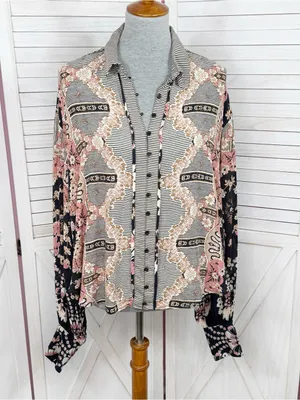 Free People Virgo Baby Floral Boho Oversized Button Up Shirt Black‎ Multi Medium thumbnail 3