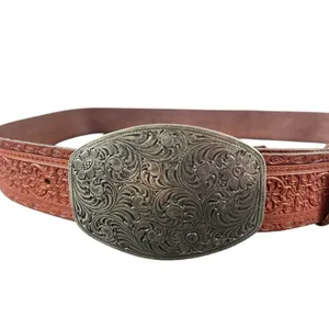 Vintage 1994 Embossed Leather Western Belt Floral Scroll Buckle Brown L thumbnail 3