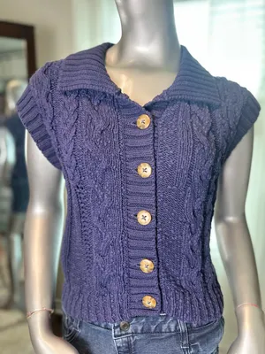 Anthropologie Pilcro Cable Knit Sweater Vest Small Blue Button Front Collared thumbnail 1