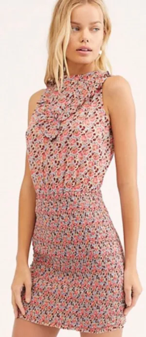 Free People Mini Dress Medium I'm Your Favorite Pink Floral Smocked Stretch thumbnail 1