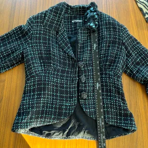 Y2K Tweed Blazer S Blue Plaid Floral Lapel Rosette Office Siren Whimsy Rom Com thumbnail 5