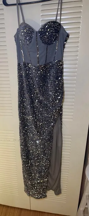 Gray & silver sequin maxi dress with a high slit, velvet #glamour #party #fashion thumbnail 1