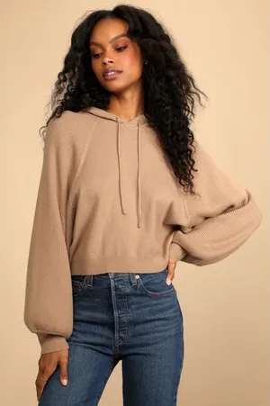 Lulus Casual Cozy Light Brown Balloon Sleeve Pullover Hooded Sweater Size XS thumbnail 1
