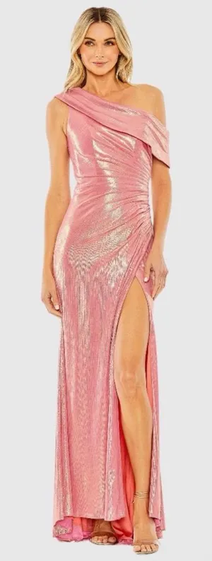 MAC DUGGAL Size 10 Pink 27152 OFF THE SHOULDER RUCHED WAIST‎ SLIT METALLIC GOWN thumbnail 1