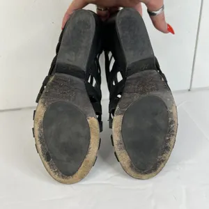 Eileen Fisher 6 Oodle Black Criss Cross Sandal Wedge Nubuck Leather Stacked Heel thumbnail 12