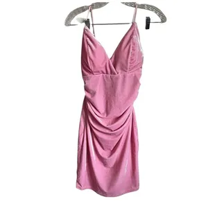 Unbranded Bubblegum Pink Velour Body Con Faux Wrap Mini Dress‎ thumbnail 2
