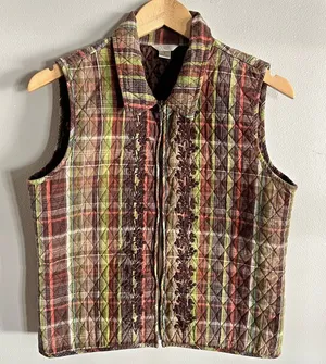 Christopher & Banks Quilted Plaid Embroidered Vest Brown Green Size S thumbnail 1