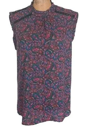 LOFT Multicolor Paisley Sleeveless Ruffle Neck Blouse Mixed Media Size Medium thumbnail 1