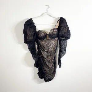 Oh Polly Tell Me More Black Lace Ruched Mini Dress Long Sleeve Puff Shoulders 8 thumbnail 2
