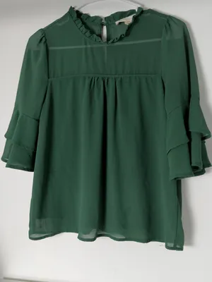 Ruffled Yoke Peasant Blouse in Forest Green thumbnail 2