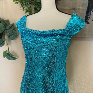 NWOT Lulus Glittering Nights Aqua Blue Sequin Off-the-Shoulder Mini Dress thumbnail 4