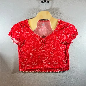 1250 | Heart Print Lettuce Trim Pajama Set Loungewear Red‎ Women XL 16-18 thumbnail 3