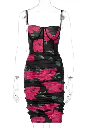Sexy pink flower bodycon dress thumbnail 2