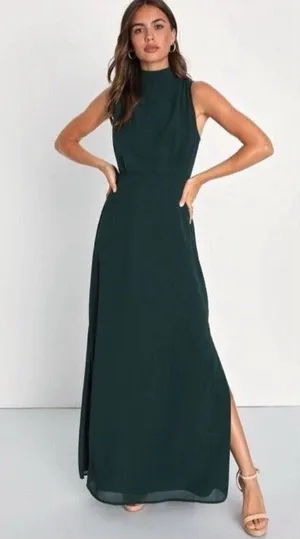 Lulus Classic Elegance Emerald Chiffon Sleeveless Mock Neck Maxi Dress Small thumbnail 1