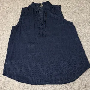 Ann Taylor Navy Blue Sleeveless Blouse Geometric Jacquard Ruffle Neck Top Large thumbnail 1