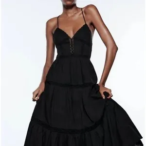 ZARA S Black Lace Midi Dress 100% Cotton Tiered Dark Romance Ruffle Sundress thumbnail 2