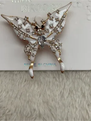Mint White and Gold Butterfly Brooch with Clear Rhinestones thumbnail 2