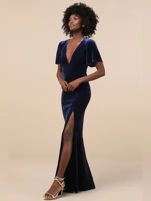 Lulus Elegant Evenings Navy Velvet Flutter Sleeve Trumpet Maxi Dress Navy 1X NWT thumbnail 3