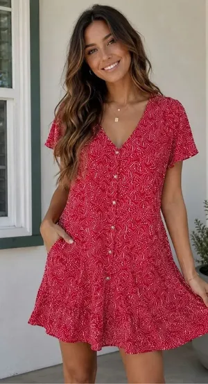 Universal Thread Medium Red Star Print Button Front Flutter Sleeve Mini Dress #1 thumbnail 1