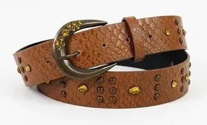 Womens Western Snakeskin Print Rhinestone Studded Belt Brown Boho Size 12 thumbnail 1