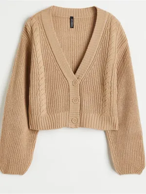 H&M Beige Cable Knit Cropped Button Front Cardigan Sweater Women’s Size L thumbnail 1
