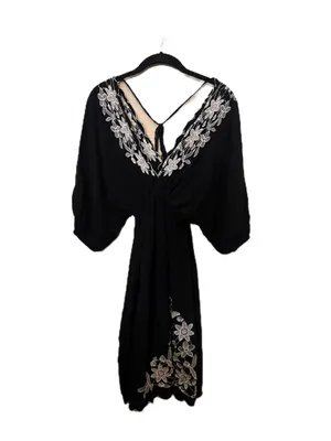 U2K Vintage Forever 21 Black V‑Neck Mini Dress with White Embroidery thumbnail 2