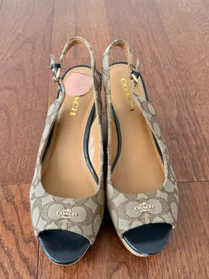 Coach Tan Signature Canvas Peep-Toe Slingback Heels with Black Toe thumbnail 7