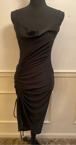 Black Ruched Cowl Neck Midi Dress by E.L.H. Studio thumbnail 1