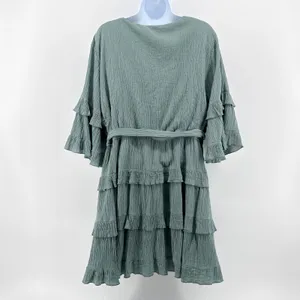 Showpo‎ Green Cotton Tiered Ruffle Mini Dress Belted V-Neck Bell Sleeve Plus 16 thumbnail 7